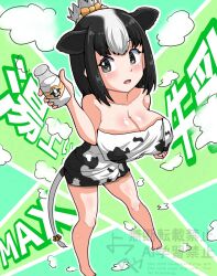 1girl animal_ears animal_print bare_legs bare_shoulders barefoot bell black_eyes black_hair blush bottle bow collarbone cow_ears cow_girl cow_print cow_tail from_above hair_between_eyes hair_bun havunanimusu highres holstein_friesian_cattle_(kemono_friends) kemono_friends milk_bottle multicolored_hair naked_towel orange_bow print_towel short_hair sidelocks solo steam tail tail_bell tail_bow tail_ornament towel two-tone_hair white_hair