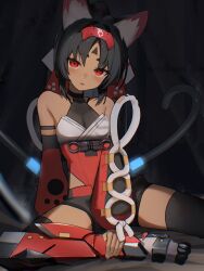 Rule 34 | 1girl, absurdres, animal ears, barcode, barcode tattoo, bare shoulders, black hair, breasts, cable, cable tail, cat ears, cat girl, cat tail, commentary request, corset, dark-skinned female, dark skin, detached sleeves, facial mark, fingernails, forehead tattoo, hairband, highres, looking at viewer, mechanical tail, multiple tails, nekomiya mana, open mouth, red corset, red eyes, red hairband, red sleeves, solo, tail, tattoo, thomas 8000, triangle, triangle facial mark, two tails, zenless zone zero
