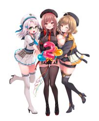 3girls ahoge anis_(nikke) beret black_choker black_gloves black_headwear black_jacket black_shirt black_shorts black_thighhighs blue_neckerchief blue_one-piece_swimsuit boots breasts brown_eyes brown_hair choker cleavage collared_shirt crop_top cropped_jacket full_body fummy glasses gloves goddess_of_victory:_nikke green_eyes grey_shirt grin hair_between_eyes hat high_heel_boots high_heels highres jacket large_breasts light_brown_hair long_hair looking_at_viewer multicolored_jacket multiple_girls neckerchief necktie neon_(nikke) one-piece_swimsuit one_eye_closed orange_eyes orange_jacket rapi_(nikke) red-framed_eyewear red_jacket red_necktie shirt short_hair short_shorts shorts simple_background skindentation skirt smile standing standing_on_one_leg swimsuit swimsuit_under_clothes thigh_boots thigh_strap thighhighs two-sided_fabric two-sided_jacket two-tone_jacket v white_background white_hair white_skirt white_thighhighs