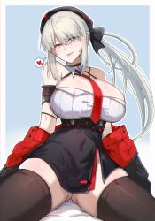 Rule 34 | 1girl, bandolier, belt, beret, black bow, black hat, black pouch, black thighhighs, blue eyes, blush, bow, breasts, cleavage, cosplay, fate/grand order, fate (series), goddess of victory: nikke, gradient necktie, grey hair, hair bow, hat, highres, ishikawa yui, jacket, kaoneawmoon, large breasts, long hair, looking at viewer, morgan le fay (fate), necktie, ponytail, rapi (nikke), rapi (red hood) (nikke), rapi (red hood) (nikke) (cosplay), red necktie, skirt, smile, solo, tactical clothes, thighhighs, thighs, two-tone necktie, very long hair, voice actor connection