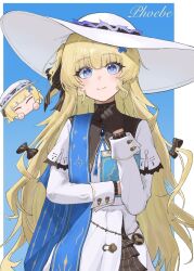 1girl black_collar black_gloves blonde_hair blue_eyes blue_sash book character_name closed_mouth collar commentary_request gloves hair_ornament hat holding holding_book long_hair long_sleeves looking_at_viewer phoebe_(wuthering_waves) sash shirt skirt smile solo very_long_hair white_hat white_shirt white_skirt wuthering_waves wuye_z x_hair_ornament