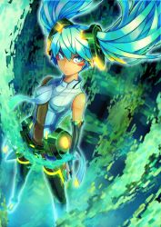 absurdres aqua_eyes aqua_hair blush_stickers bridal_gauntlets floating_hair hatsune_miku hatsune_miku_(append) highres long_hair necktie saltydanshark solo thighhighs twintails vocaloid vocaloid_append