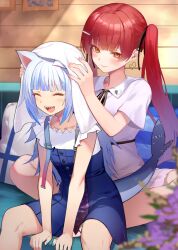 Rule 34 | 2girls, animal ear fluff, animal ears, belt, black belt, blue dress, blue hair, blue nails, blush, cat ears, closed eyes, collared shirt, dress, drying, drying another&#039;s hair, drying hair, earrings, fins, fish tail, gawr gura, gawr gura (casual), gold earrings, hair ornament, hairpin, heart, heart earrings, heterochromia, hololive, hololive english, houshou marine, jewelry, long hair, medium hair, multicolored hair, multiple girls, nail polish, official alternate costume, open mouth, red eyes, red hair, red nails, shark girl, shark tail, sharp teeth, shinkiro (hololive), shirt, skirt, skirt set, streaked hair, tail, tauta (meshia8787), teeth, twintails, upper teeth only, virtual youtuber, white hair, white shirt, yellow eyes