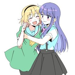 2girls :d ^_^ black_hairband black_pantyhose black_skirt blonde_hair blush_stickers bow bowtie closed_eyes closed_mouth dress friends furude_rika green_dress hairband hand_up happy heads_together higurashi_no_naku_koro_ni houjou_satoko hug hug_from_side long_hair looking_at_another multiple_girls neckerchief open_mouth pantyhose pink_bow pink_bowtie pleated_skirt puffy_short_sleeves puffy_sleeves purple_eyes purple_hair sailor_collar sailor_dress short_dress short_hair short_sleeves sierit simple_background skirt smile straight_hair suspender_skirt suspenders white_background white_sailor_collar yellow_neckerchief