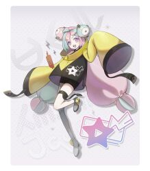 1girl bow-shaped_hair character_hair_ornament creatures_(company) game_freak hair_ornament hexagon_print iono_(pokemon) jacket nintendo oversized_clothes pokemon pokemon_sv rotom rotom_phone single_leg_pantyhose sleeves_past_fingers sleeves_past_wrists solo sweetsoro very_long_sleeves x yellow_jacket