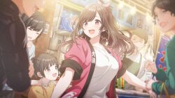 black_hair brown_eyes brown_hair game_cg hat idolmaster idolmaster_shiny_colors idolmaster_shiny_colors_song_for_prism jacket japanese_text official_art open_mouth ponytail red_eyes tsukioka_kogane