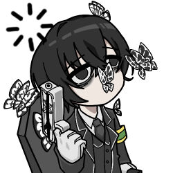 Rule 34 | 1boy, animal print, armband, bags under eyes, black butterfly, black coat, black eyes, black hair, black necktie, black suit, black vest, bug, butterfly, butterfly on head, butterfly on nose, chibi, chibi only, coat, coffin, collared shirt, crossed bangs, double-parted hair, e.g.o (project moon), formal clothes, gloves, green armband, insect, limbus company, loading icon, looking at animal, lowres, male focus, necktie, project moon, shirt, solemn lament (e.g.o), solo, suit, upper body, vest, white background, white butterfly, white gloves, white shirt, xiaonuobright, yi sang (project moon)