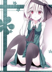 1girl :3 bad_anatomy bad_feet bad_id bad_leg bad_pixiv_id black_thighhighs dress_shirt feet female_focus hairband highres konpaku_youmu necktie red_eyes saijou_karin shirt silver_hair skirt solo thighhighs touhou wavy_mouth