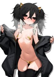 :&lt; bandaid bandaids_on_nipples bikini black_eyes black_hair black_jacket black_nails blush breasts gold_bikini hair_ornament heavy_breathing highres jacket kittirea micro_bikini no_bra open_clothes original pasties small_breasts sweat swimsuit tagme undressing white_hair