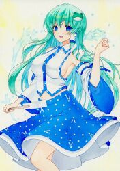 1girl :d bare_shoulders blue_eyes blue_skirt blush breasts collared_shirt detached_sleeves dot_nose frog_hair_ornament gohei green_hair hair_ornament hair_tubes highres holding holding_gohei kochiya_sanae large_breasts long_hair long_sleeves looking_at_viewer loyd0w0 midriff navel open_mouth painting_(medium) patterned_clothing print_skirt shirt sideboob single_hair_tube single_sidelock skirt skirt_set sleeve_ribbon sleeveless sleeveless_shirt smile snake_hair_ornament solo touhou traditional_media upper_body water water_drop watercolor_(medium) wide_sleeves yellow_background