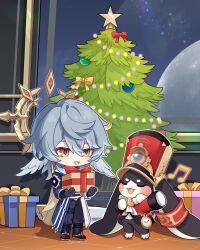 1boy 1other artist_request black_footwear black_gloves black_pants blush_stickers bow box christmas_ornaments christmas_tree clock closed_eyes diamond-shaped_pupils diamond_(shape) feathered_wings gift gift_box gloves grey_hair hair_between_eyes halo hat head_wings highres honkai:_star_rail honkai_(series) musical_note open_mouth pants planet pocket_watch pom-pom_(honkai:_star_rail) red_bow red_hat shadow shako_cap smile space sunday_(honkai:_star_rail) symbol-shaped_pupils watch white_wings window wings yellow_bow yellow_eyes