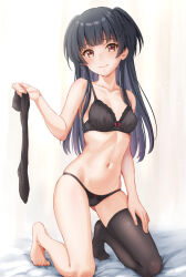 1girl black_bra black_panties black_thighhighs blush bow bow_bra bow_panties bra breasts bright_background brown_eyes ca_paria chop closed_mouth collarbone commentary_request full_body gluteal_fold hair_over_one_eye hand_on_own_leg hand_up highres holding holding_legwear holding_unworn_clothes idolmaster idolmaster_shiny_colors kneeling linea_alba long_hair looking_at_viewer mayuzumi_fuyuko navel on_bed panties sidelocks small_breasts smile solo stomach straight_hair thighhighs two_side_up underwear underwear_only unworn_thighhighs