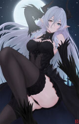 1girl black_panties black_thighhighs breasts detached_collar earrings elbow_gloves facial_mark full_moon gloves grey_hair hair_between_eyes haruyuki_(karem) heterochromia highres hip_armor horns jewelry long_hair medium_breasts moon night night_sky original panties pointy_ears sky solo thighhighs underwear