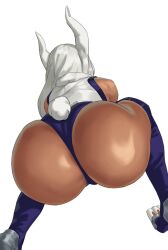 Rule 34 | 1girl, absurdres, all fours, animal ears, ass, ass focus, bare shoulders, boku no hero academia, clothing cutout, commentary, dark-skinned female, dark skin, english commentary, facing away, from behind, fur collar, greasymeta, highleg, highleg leotard, highres, huge ass, leotard, long hair, mirko, photo-referenced, purple thighhighs, rabbit ears, rabbit girl, rabbit tail, simple background, solo, tail, tail through clothes, thick thighs, thighhighs, thighs, toned, toned female, white background, white hair, white leotard