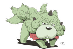 Rule 34 | black eyes, commentary request, cone horns, dog, full body, grey horns, growling, horns, komainu, komano aunn, komano aunn (komainu), looking at viewer, no humans, onikobe rin, simple background, single horn, touhou, white background