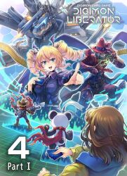 blonde_hair brown_hair digimon digimon_(creature) digimon_liberator gun kinosaki_arisa looking_at_another magnakidmon official_art pandamon revolmon three_musketeers_(digimon) violet_inboots weapon