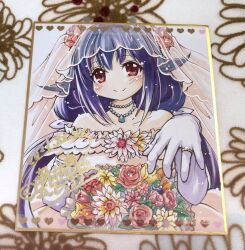 1girl blush bouquet bridal_veil character_request check_character check_copyright closed_mouth commentary_request copyright_request dress elbow_gloves flower frilled_dress frills fujii_ryou gloves granblue_fantasy holding holding_bouquet jewelry long_hair looking_at_viewer necklace off-shoulder_dress off_shoulder pink_flower pink_rose purple_hair red_eyes ring rose shikishi simple_background smile solo upper_body veil wedding wedding_dress wedding_ring white_background white_day white_dress yellow_flower
