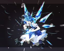 1girl black_shoes blue_bow blue_dress blue_eyes blue_hair bow cirno collared_shirt commentary_request cryokinesis detached_wings dress gorilla_(bun0615) hair_bow highres ice ice_wings neck_ribbon open_mouth pinafore_dress red_ribbon ribbon shirt shoes short_sleeves sleeveless sleeveless_dress smile socks solo touhou white_shirt white_socks wings