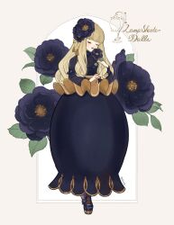 1girl dress flower full_body gothic_lolita hair_flower hair_ornament hime_cut leaf lolita_fashion long_hair long_sleeves meecosme original simple_background skirt smile solo standing straight_hair
