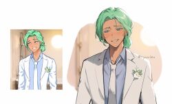 1boy averting_eyes blue_shirt blurry blurry_background blush bouquet coat collared_shirt cove_holden curtained_hair flower flower_pin green_eyes green_hair grin low_ponytail male_focus necktie our_life:_beginnings_and_always ponytail reference_inset ryuuieu shirt sidelighting smile solo upper_body white_background white_coat white_necktie