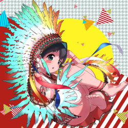 1girl :o absurdres anklet barefoot black_hair face_paint feathers feet female_focus headdress highres houndstooth houndstooth_background huge_filesize jewelry native_american original shiromeshi_(humituki0730) solo toes tribal