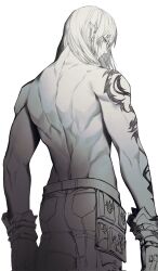Rule 34 | 1boy, arm tattoo, back muscles, chinese commentary, closed mouth, commentary request, cowboy shot, dimples of venus, elezen, elf, estinien varlineau, final fantasy, final fantasy xiv, gloves, greyscale, hair between eyes, highres, long hair, looking back, male focus, monochrome, muscular, muscular male, pants, pointy ears, pouch, simple background, solo, standing, tattoo, tattoo sleeve, topless male, white background, yueyihuazh19781