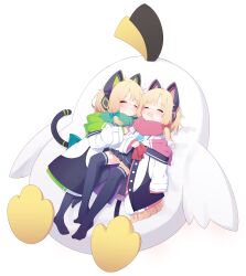 2girls :3 ^_^ absurdres animal_ear_headphones animal_ears ansan_ey back_bow black_jacket black_skirt black_tail black_thighhighs blonde_hair blue_archive blue_bow blue_necktie blunt_bangs blush bow buttons cat_ear_headphones cat_ears cat_tail closed_eyes closed_mouth commentary drooling english_commentary fake_animal_ears fake_tail frilled_jacket frilled_skirt frills full_body green_hood green_jacket green_scarf hair_bow headphones highres hood hood_down hooded_jacket jacket knee_up long_sleeves low-tied_sidelocks lying medium_hair midori_(blue_archive) miniskirt momoi_(blue_archive) mouth_drool multicolored_jacket multiple_girls necktie no_halo no_shoes off_shoulder on_back on_side open_mouth oversized_clothes parted_bangs peroro_(blue_archive) pink_hood pink_jacket pink_scarf pleated_skirt red_bow scarf school_uniform shirt siblings sidelocks simple_background single_sleeve_past_fingers sisters skirt sleeping sleeping_on_person sleeves_past_wrists smile stuffed_animal stuffed_penguin stuffed_toy suspender_skirt suspenders tail teeth thighhighs twins two-sided_fabric two-sided_jacket unbuttoned unbuttoned_jacket upper_teeth_only white_background white_jacket white_shirt wide_sleeves zettai_ryouiki