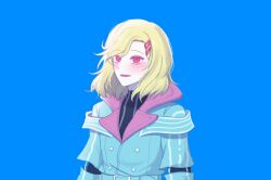 Rule 34 | 1other, antenna hair, aqua coat, blonde hair, coat, ganbin, gnosia, hair between eyes, hair ornament, hairclip, highres, other focus, red eyes, setsu (gnosia), short hair, simple background, solo, turtleneck, upper body