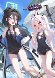 Rule 34 | absurdres, aris (blue archive), bare shoulders, black hair, black halo, blue archive, blue eyes, blue halo, breasts, hair between eyes, halo, highres, hina (blue archive), hina (swimsuit) (blue archive), jacket, kokukyukeo, long hair, long hair between eyes, multicolored halo, official alternate costume, ponytail, purple eyes, purple halo, school swimsuit, small breasts, swimsuit, thighs, two-tone halo, white hair, white jacket