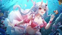 1girl :d bead_necklace beads bikini breasts center-flap_bangs cleavage commentary_request detached_sleeves fish frilled_bikini frills front-tie_bikini_top front-tie_top grey_hair hair_between_horns hand_up highres hololive holonatsu_paradise horns jewelry linea_alba long_hair looking_at_viewer medium_breasts multicolored_hair nakiri_ayame nakiri_ayame_(holonatsu_paradise) navel necklace official_alternate_costume oni open_mouth pink_bikini puffy_detached_sleeves puffy_short_sleeves puffy_sleeves red_eyes red_hair shiinochi short_sleeves skin-covered_horns smile solo stomach streaked_hair swimsuit twintails underwater virtual_youtuber wrist_cuffs