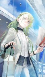 1other airport androgynous asymmetrical_bangs closed_mouth clothing_request coat commentary cuneiform diffraction_spikes enkidu_(fate) enkidu_(fly_off)_(fate) fate/grand_order fate_(series) formal_clothes glint green_eyes green_hair grey_coat grey_pants grey_suit high_collar holding holding_paper holy_grail_(fate) jacket light_particles long_hair long_sleeves looking_to_the_side mizutame_tori non-web_source official_art other_focus pants paper rolling_suitcase shirt smile standing suit suit_jacket suitcase third-party_source very_long_hair white_shirt