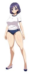 1girl absurdres blue_buruma blue_eyes blue_hair blush breasts buruma full_body guriguri_(arayotto4351) hair_ornament hairclip highres large_breasts looking_at_viewer original shirt shoes short_hair short_sleeves white_shirt white_shoes