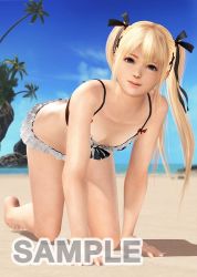1girl 3d all_fours beach bikini blonde_hair blue_eyes breasts cleavage dead_or_alive dead_or_alive_xtreme_3_fortune dead_or_alive_xtreme_beach_volleyball female_focus marie_rose official_art original outdoors sky small_breasts solo swimsuit water