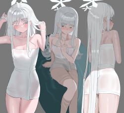 Rule 34 | 1girl, absurdres, bare arms, bare shoulders, blue archive, blush, closed mouth, flower, from behind, hair flower, hair ornament, hand in own hair, highres, hum455, long hair, looking at viewer, nagusa (blue archive), naked towel, parted bangs, sidelocks, solo, towel, white eyes, white flower, white hair