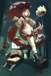 1girl absurdres bangboo_(zenless_zone_zero) black_boots black_choker black_hat black_sailor_collar black_skirt boots braid cardigan choker green_eyes gryphnzz hat highres holding holding_umbrella long_hair loose_thighhigh pink_cardigan raccoon red_hair red_umbrella sailor_collar school_uniform skirt striped_clothes striped_thighhighs thighhighs ukinami_yuzuha umbrella zenless_zone_zero