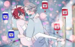 2boys androgynous aotsuki_eito arms_around_neck black_hair blue_eyes blush closed_mouth crossdressing dress fingernails full_body glasses grey_hair hat heart highres hospital intravenous_drip leg_lock looking_at_another male_focus multicolored_hair multiple_boys nurse nurse_cap pink_dress pink_shoes purple_eyes red_hair shoes sumino_takumi the_hundred_line_-last_defense_academy- thighhighs trap_on_trap white_thighhighs yaoi