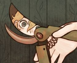 Rule 34 | 1boy, basil (faraway) (omori), basil (omori), blonde hair, blue eyes, gardening shears, highres, indoors, male focus, omori, ottie pops, reflection, short hair, solo, spoilers