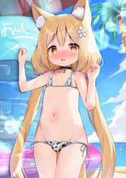 1girl animal_ear_fluff animal_ears animal_print bikini black_choker blonde_hair blush brown_eyes bulge choker commentary_request commission cow_print cow_print_bikini flat_chest flower fox_ears fox_girl fox_tail futanari hair_flower hair_ornament loli long_hair low_twintails navel nose_blush open_mouth original paid_reward_available print_bikini side-tie_bikini_bottom siera_(sieracitrus) skeb_commission solo swimsuit tail twintails variant_set very_long_hair
