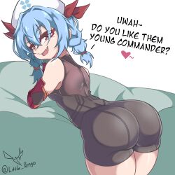 1girl alternate_costume artist_name ass ass_focus bare_shoulders blue_hair braid breasts colphne_(girls&#039;_frontline_2) colphne_(silent_heart)_(girls&#039;_frontline_2) come_hither elbow_gloves fang from_behind girls&#039;_frontline girls&#039;_frontline_2:_exilium gloves hair_ribbon hat huge_ass leaning leaning_forward leotard little_pengo long_hair looking_at_viewer looking_back naughty_face open_mouth red_eyes ribbon sideboob skin_fang small_breasts smile solo thick_thighs thighs twin_braids twintails