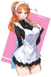 1girl absurdres apron arm_behind_back back_ribbon black_dress blue_gemstone blue_ribbon breasts cowboy_shot dress earrings frilled_apron frilled_dress frilled_hairband frills gem hair_ribbon hairband heart high_ponytail highres jewelry kasumi_6 large_breasts long_hair long_sleeves looking_at_viewer maid maid_apron maid_headdress nami_(one_piece) necklace official_alternate_costume one_piece orange_eyes orange_hair pearl_earrings ponytail ribbon short_dress single_sidelock solo tongue tongue_out turtleneck turtleneck_dress twitter_username wavy_hair white_apron