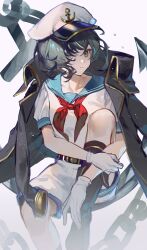 1girl absurdres anchor anchor_hat_ornament aqua_eyes aqua_sailor_collar belt black_belt black_boots black_coat black_hair black_socks boots chain closed_mouth coat coat_on_shoulders collared_coat commentary ender_xiaohai expressionless foot_out_of_frame gloves grey_background hat hat_ornament highres kneehighs light_particles murasa_minamitsu neckerchief red_neckerchief sailor sailor_collar sailor_hat shirt short_hair short_sleeves shorts simple_background sitting socks solo sunken_fossil_world touhou water_drop wet wet_hair white_gloves white_shirt white_shorts