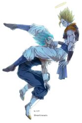 2boys abs between_legs black_hair black_shoes black_vest black_wrist_cuffs blonde_hair blue_dougi blue_eyes blue_pants blue_sash blue_shirt boots cropped_vest dougi dragon_ball dragon_ball_super dragon_ball_super_broly earrings full_body gloves gogeta halo hand_on_another&#039;s_hand highres holding_hands in_air jewelry legs_up looking_at_another looking_down looking_up loose_hair_strand male_focus medium_hair metamoran_vest midair multiple_boys muscular muscular_male no_shirt open_clothes open_vest orange_undershirt pants pectorals potara_earrings sash shirt shirtless_male shoes short_sleeves sleeveless smile spiked_hair super_saiyan super_saiyan_blue trait_connection undershirt vegetto vest white_boots white_gloves white_pants wrist_cuffs yaoi