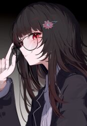 Rule 34 | 1girl, absurdres, adjusting eyewear, black-framed eyewear, black background, black hair, black jacket, blush, flower hairclip, from side, glasses, gradient background, hair ornament, hairclip, highres, honkai: star rail, honkai (series), jacket, long hair, looking at viewer, magnet 8 8, mark under both eyes, open clothes, open jacket, red eyes, shirt, solo, sparkle (honkai: star rail), sparkle (school uniform) (honkai: star rail), straight hair, upper body, wavy mouth, white shirt