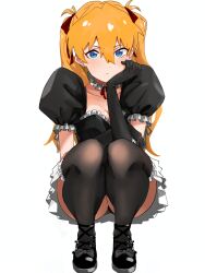 1girl absurdres alternate_costume black_dress black_gloves black_panties black_ribbon black_shoes black_thighhighs blue_eyes blush bow breasts choker cleavage closed_mouth collarbone dress earrings elbow_gloves frilled_dress frills full_body gloves gothic_lolita hair_between_eyes hair_ribbon head_rest highres himagin20180321 jewelry lace-trimmed_choker lace_trim lolita_fashion long_hair looking_at_viewer maid medium_breasts neon_genesis_evangelion orange_hair panties puffy_short_sleeves puffy_sleeves red_ribbon ribbon shoes short_sleeves simple_background skirt solo souryuu_asuka_langley squatting thighhighs thighs twintails two_side_up underwear white_background