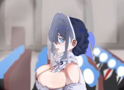 1girl absurdres black_hair blue_bow blue_eyes blurry blurry_background bow braid breasts bridal_veil cleavage dress from_side hair_bow highres hololive hololive_english huge_breasts koizumi_arata kronie_(ouro_kronii) open_mouth ouro_kronii sidelocks veil virtual_youtuber wedding_dress white_dress