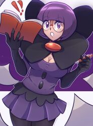 ! !! 1girl blunt_bangs bob_cut book bow breasts cleavage commentary creatures_(company) elbow_gloves english_commentary game_freak glasses gloves highres holding holding_book holding_pen large_bow low-cut lunatuneflowers medium_breasts nintendo pantyhose pen pokemon pokemon_bw purple_hair purple_skirt rimless_eyewear round_eyewear shauntal_(pokemon) short_hair skirt solo