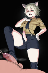 2boys animal_ears black_background black_necktie black_shorts black_thighhighs blonde_hair brown_eyes cat_boy cat_ears clothed_male_nude_male completely_nude cum dark-skinned_male dark_skin ejaculation erection eyes_in_shadow footjob footjob_with_legwear foreskin gloves hellsing highres josou_seme looking_at_viewer male_focus male_masturbation male_pubic_hair masturbation medium_hair multiple_boys nazi necktie nude pea_(vaultboy503) penis penis_out projectile_cum pubic_hair schroedinger_(hellsing) shaded_face short_sleeves shorts shota simple_background smaller_dominant standing standing_on_one_leg testicles thighhighs trap white_gloves yaoi