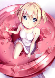 1girl blonde_hair blue_eyes candy dress female_focus food in_food lollipop mini_person minigirl original oversized_object packge parted_lips short_hair solo sundress twintails
