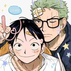 2boys bandaid bandaid_on_face bandaid_on_forehead bespectacled black_eyes black_hair black_shirt closed_mouth collarbone colored_pencil commentary crew_neck drawn_ears drawn_whiskers earrings facial_scar fingernails glasses green_hair hat highres holding holding_pencil hood hood_down hooded_jacket jacket jewelry jjerri00 male_focus monkey_d._luffy multiple_boys multiple_earrings one_piece pencil roronoa_zoro sanpaku scar scar_across_eye scar_on_cheek scar_on_face shirt sideburns smile star_(symbol) straw_hat symbol-only_commentary unworn_hat unworn_headwear white_background white_shirt