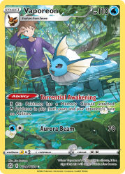 1boy artist_name black_pants blue_oak brown_eyes brown_hair card_(medium) character_name company_name copyright_name copyright_notice eevee english_text flower gen_1_pokemon grass jewelry leaf lily_pad long_sleeves necklace nintendo official_art open_mouth outdoors pants pokemon pokemon_(creature) pokemon_card pokemon_rgby pokemon_tcg purple_shirt sasumata_jirou shirt short_hair smile spiked_hair swimming third-party_source trading_card tree vaporeon wading water water_drop white_flower